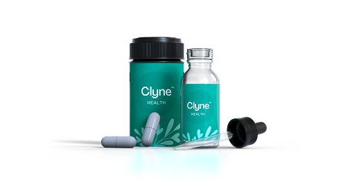 Clyne brand health products, including a bottle, vial, and pills.