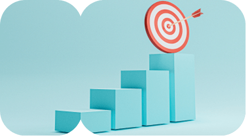 3D render of a bar chart with a target on top, symbolizing progress.