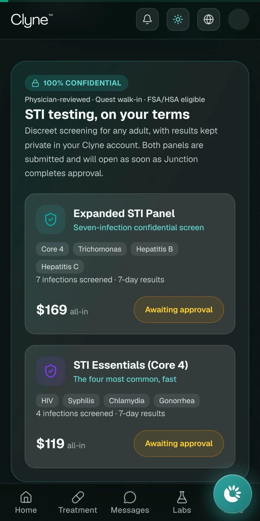 Clyne® lab ordering screen showing confidential panels with pricing and approval status