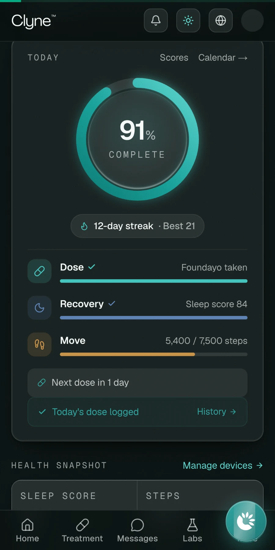 Clyne® dashboard showing dose, recovery, and movement rings with a 12-day streak