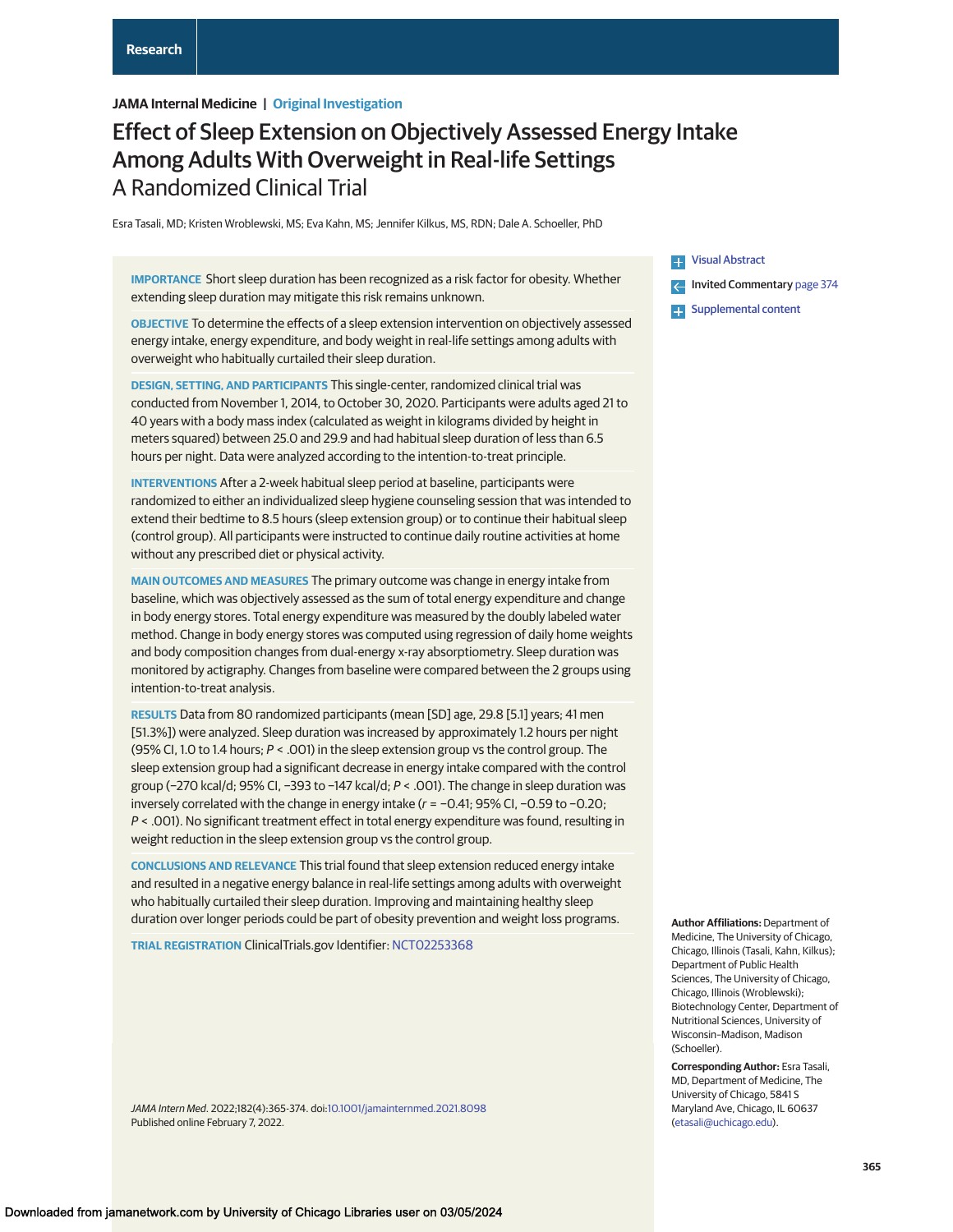 Original published paper, page 1: Effect of Sleep Extension on Objectively Assessed Energy Intake Among Adults With Overweight in Real-life Settings: A Randomized Clinical Trial