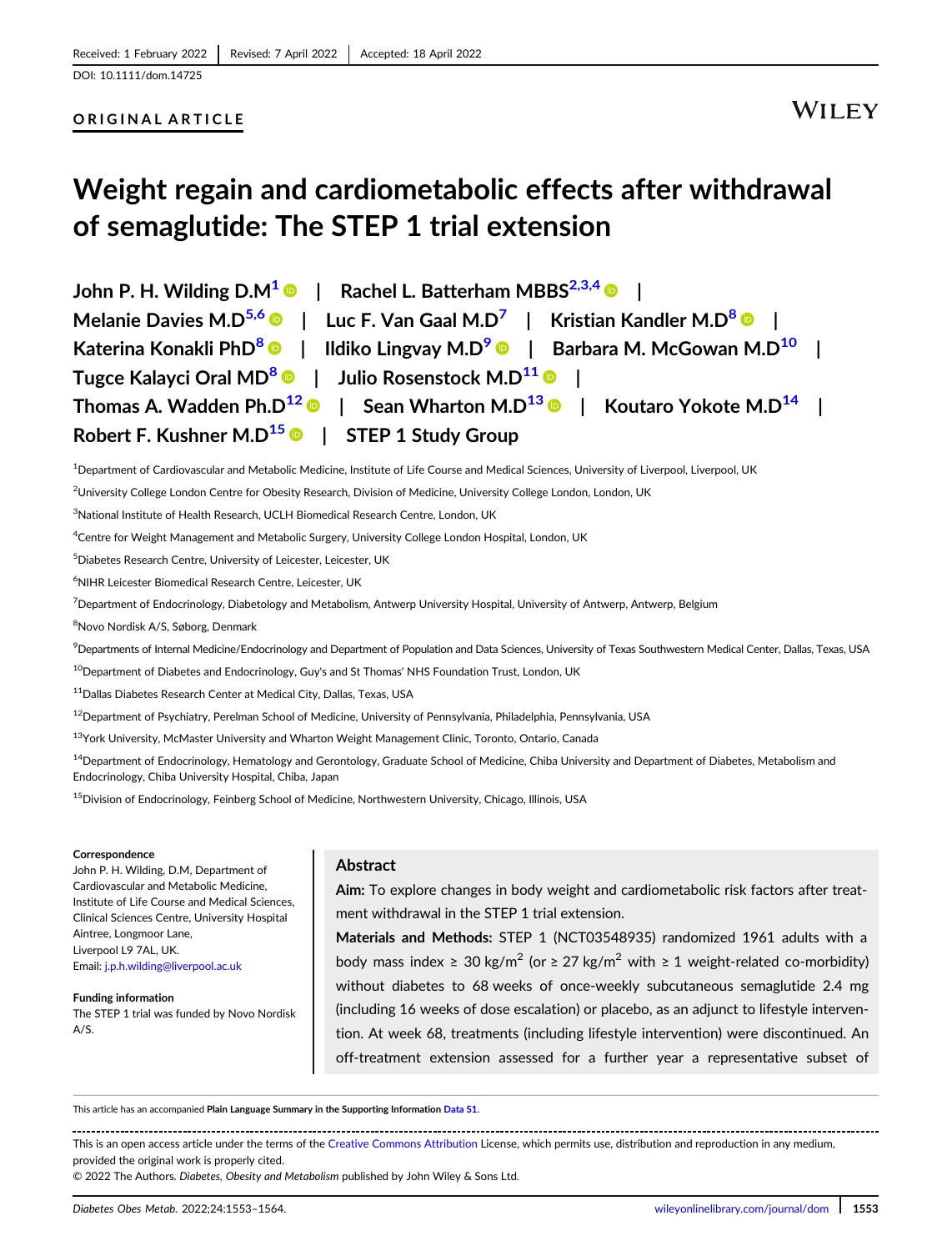 Original published paper, page 1: Weight regain and cardiometabolic effects after withdrawal of semaglutide: The STEP 1 trial extension