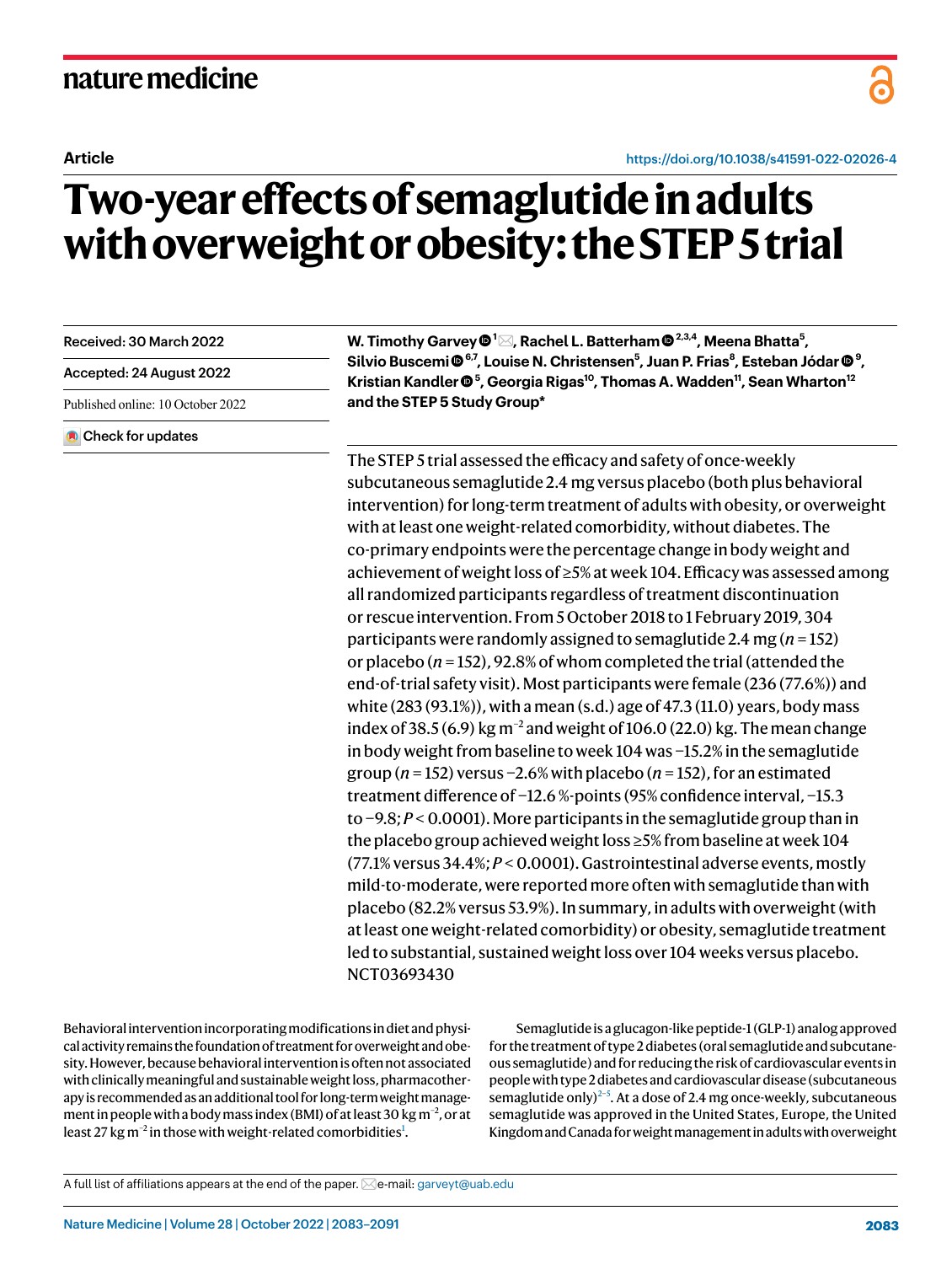 Original published paper, page 1: Two-year effects of semaglutide in adults with overweight or obesity: the STEP 5 trial